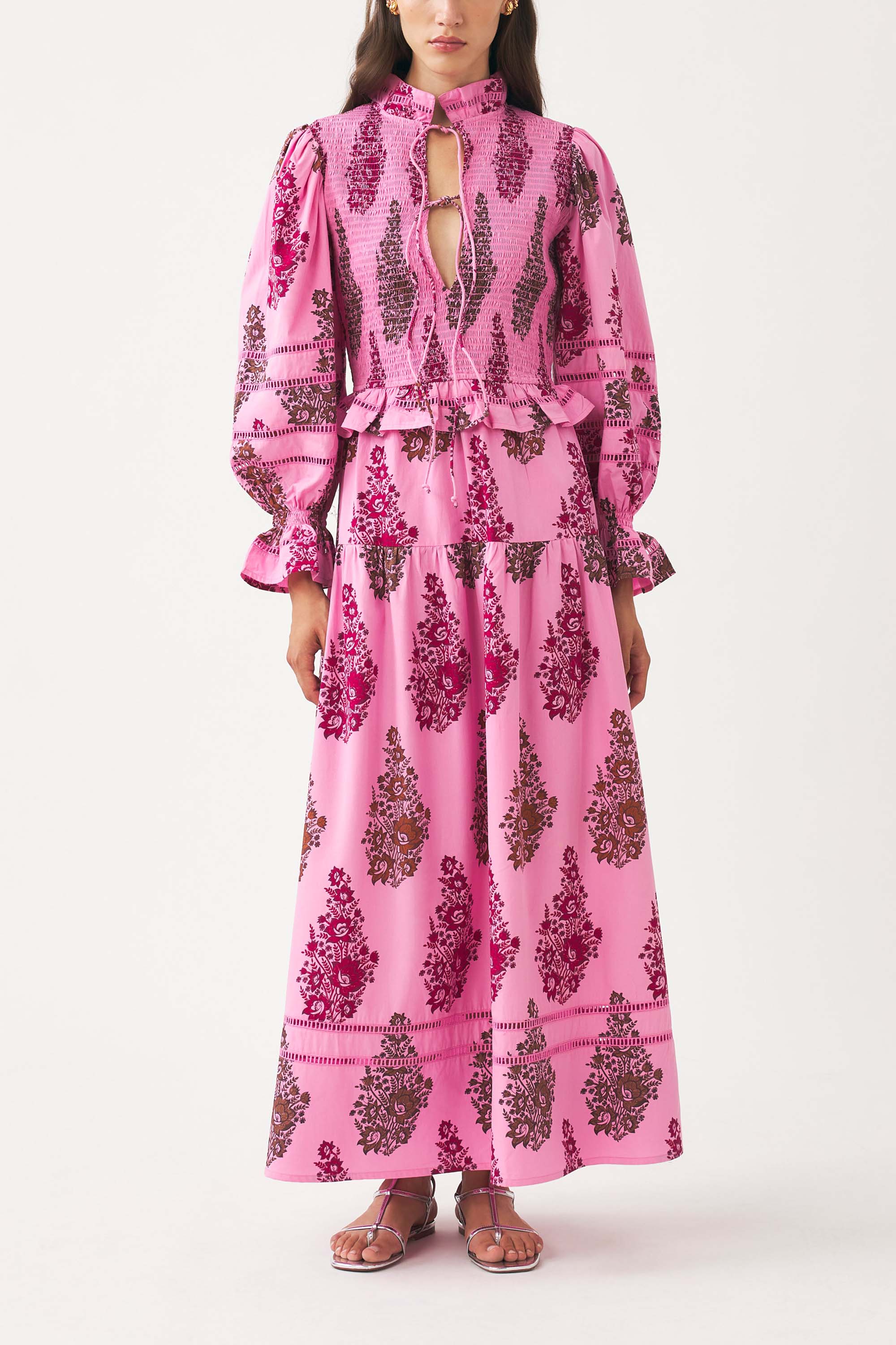 Robe longue à smocks et imprimée à la main Muguet
